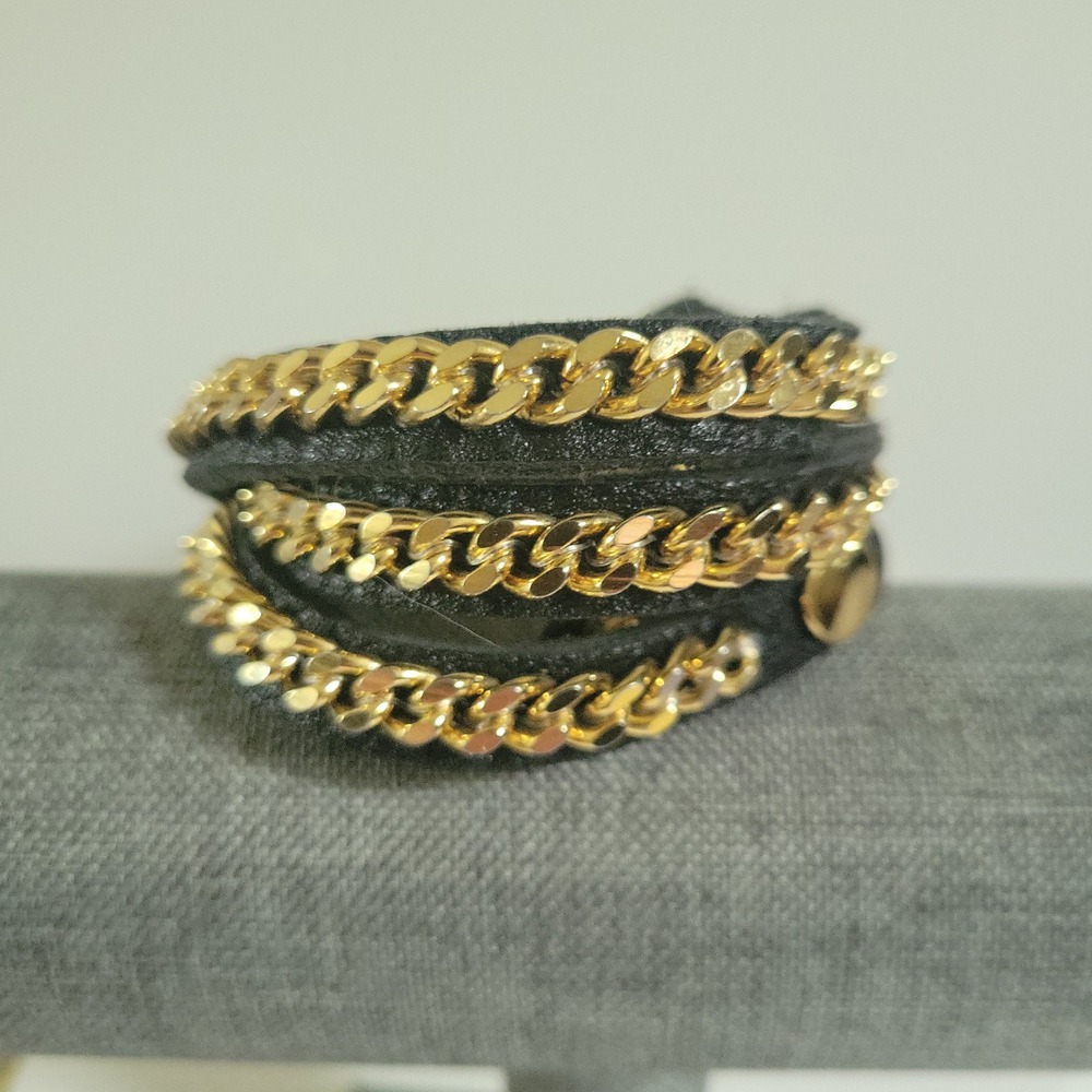 Black Suede Gold Curb Chain Triple Wrap Bracelet 22 Inch Rockstar